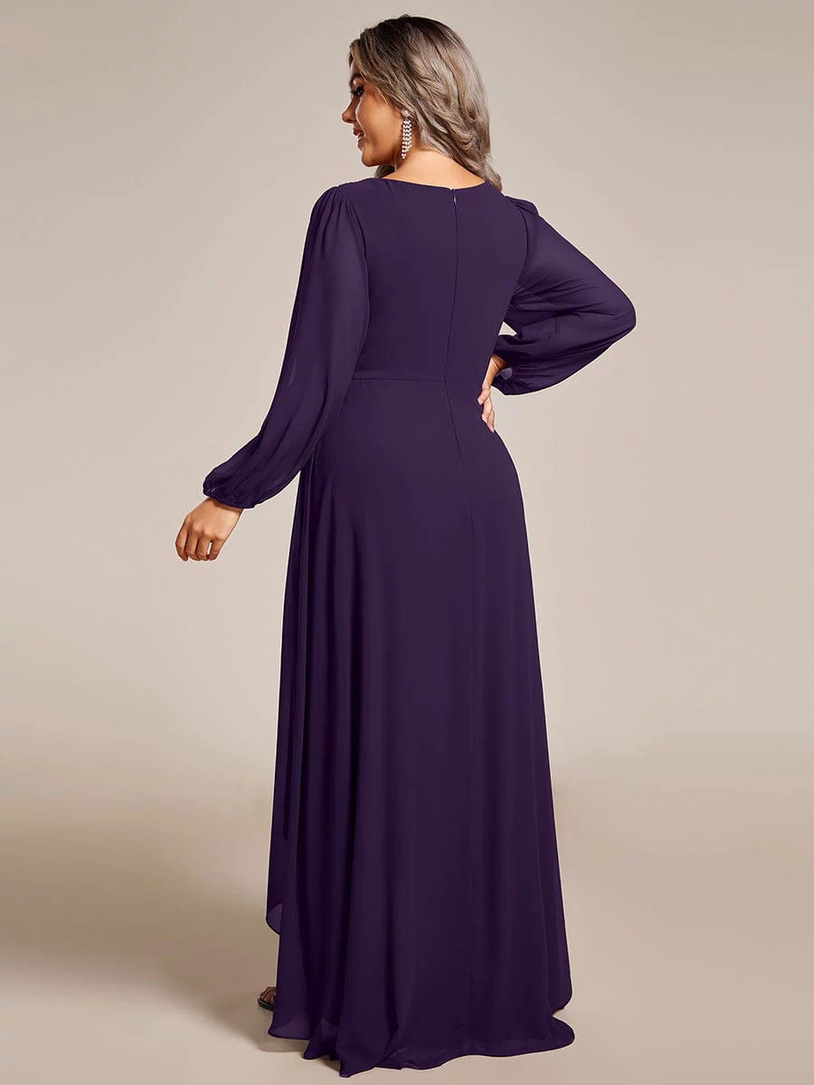 A-Line Pleated See-Through Long Lantern Midi Chiffon Bridesmaid Dress #color_Dark Purple