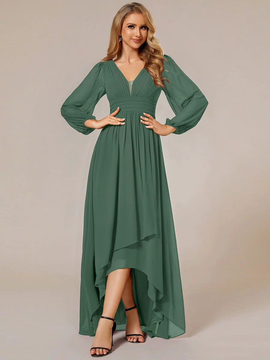 A-Line Pleated See-Through Long Lantern Midi Chiffon Bridesmaid Dress #color_Eucalyptus