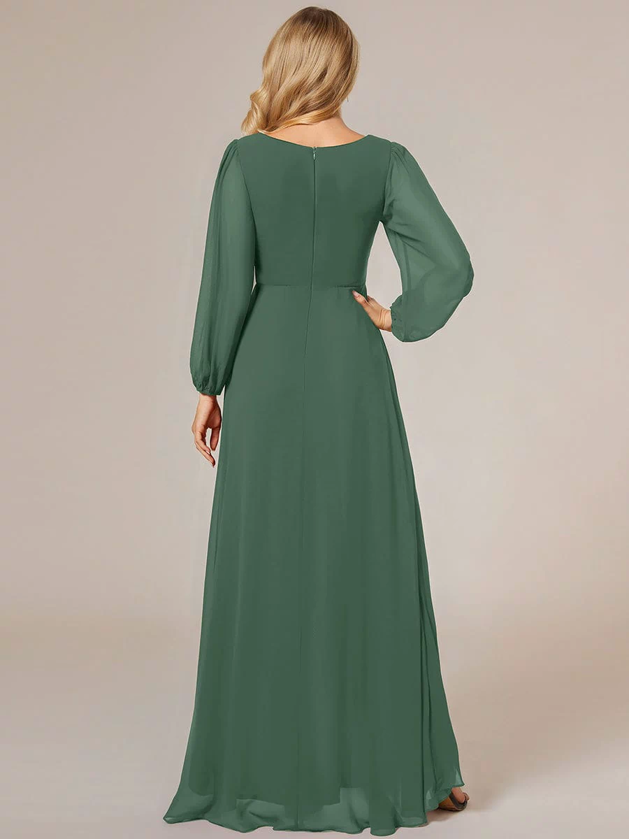 A-Line Pleated See-Through Long Lantern Midi Chiffon Bridesmaid Dress #color_Eucalyptus
