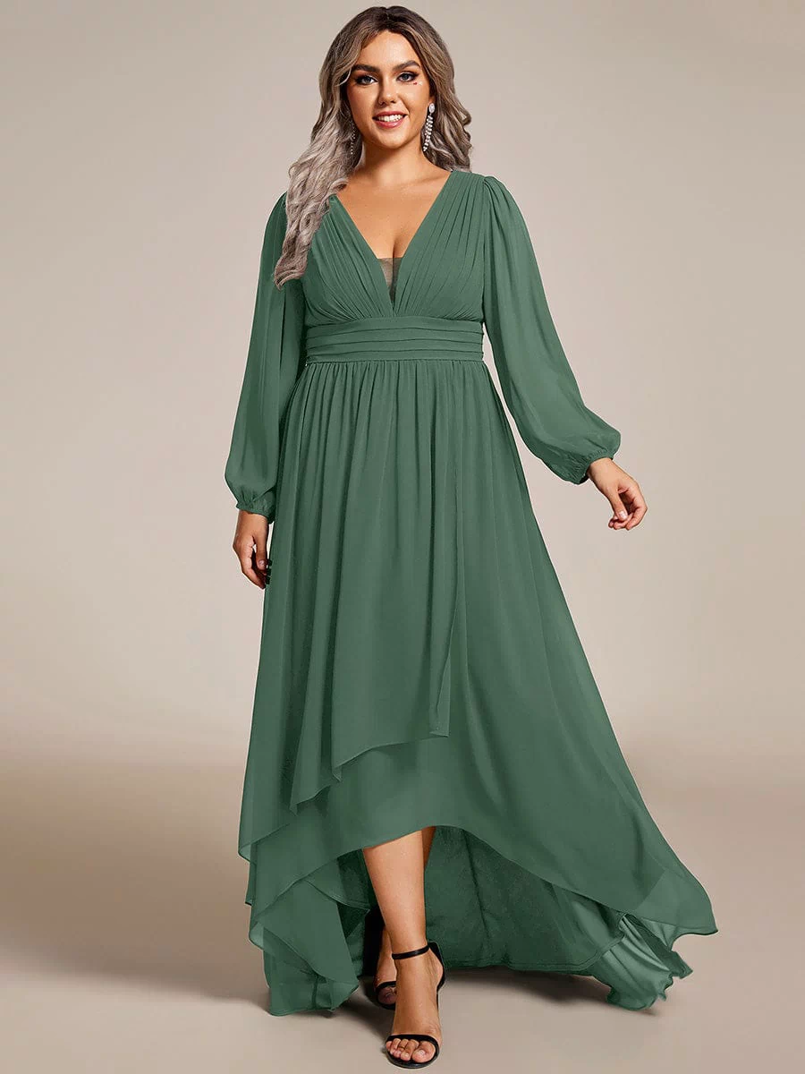A-Line Pleated See-Through Long Lantern Midi Chiffon Bridesmaid Dress #color_Eucalyptus