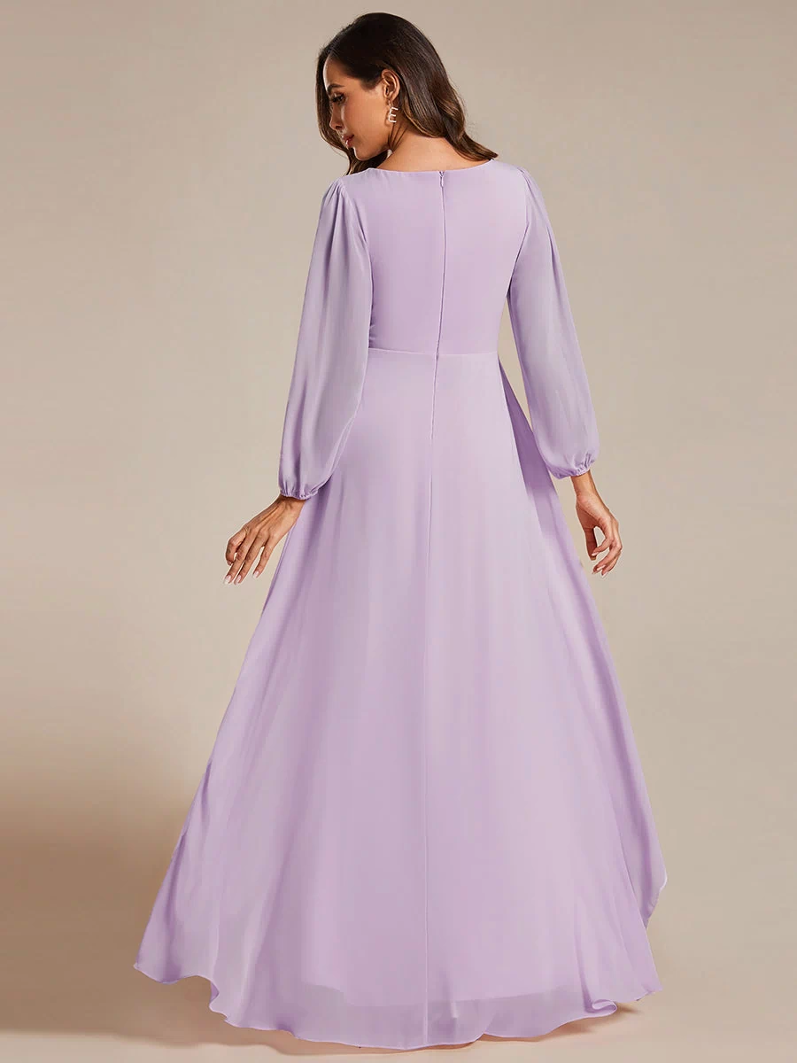 A-Line Pleated See-Through Long Lantern Midi Chiffon Bridesmaid Dress #color_Frosted Lilac
