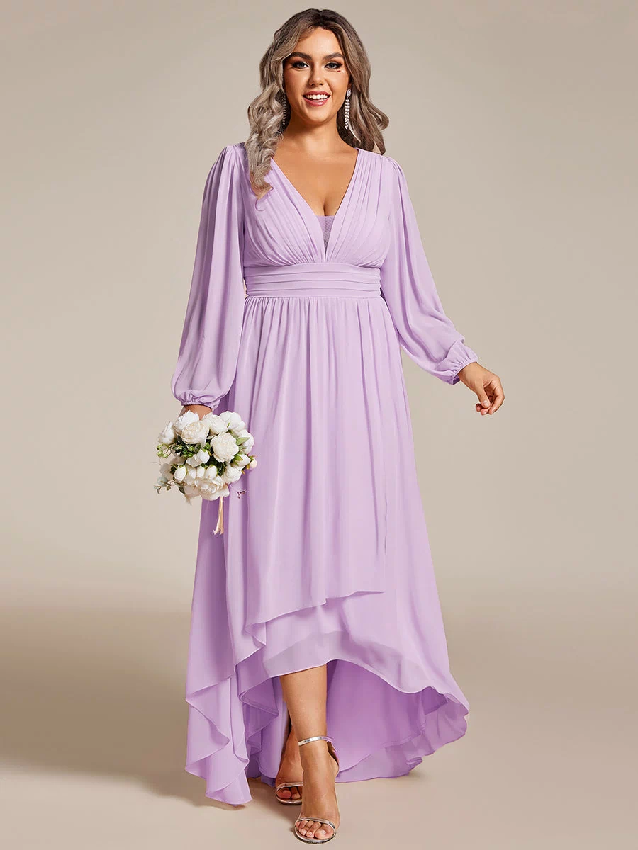A-Line Pleated See-Through Long Lantern Midi Chiffon Bridesmaid Dress #color_Frosted Lilac