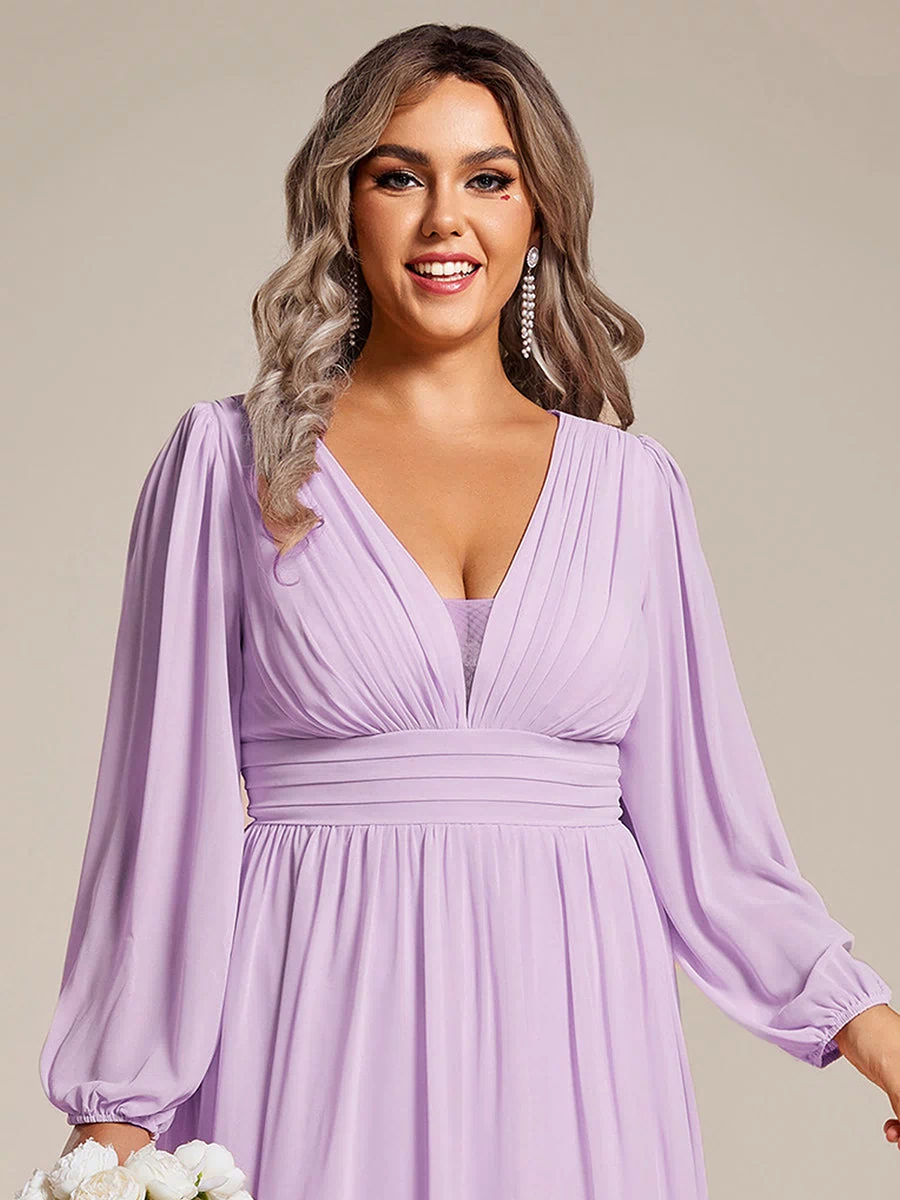 A-Line Pleated See-Through Long Lantern Midi Chiffon Bridesmaid Dress #color_Frosted Lilac