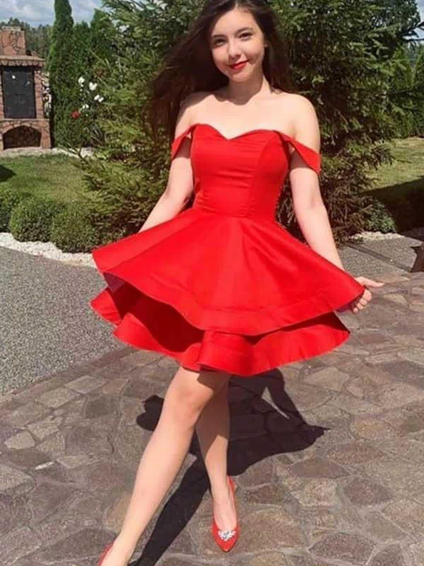 A-Line Red Satin Straps Short Prom Dress Homecoming Dress  PD377