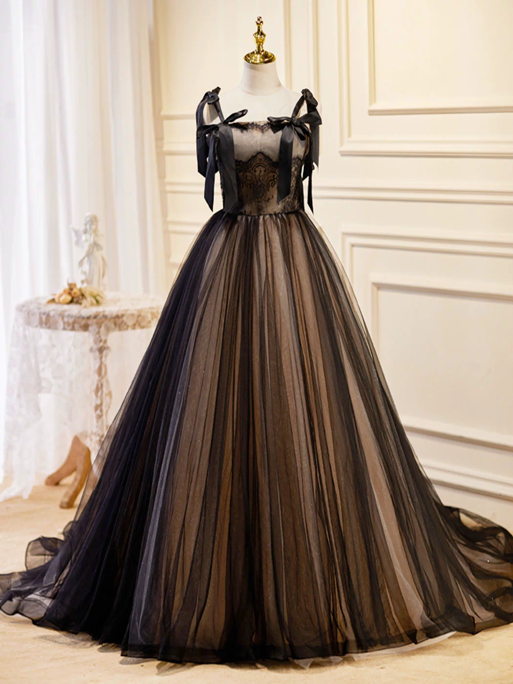 A-Line Tulle Lace Black Long Prom Dress, Black Formal Evening Dresses