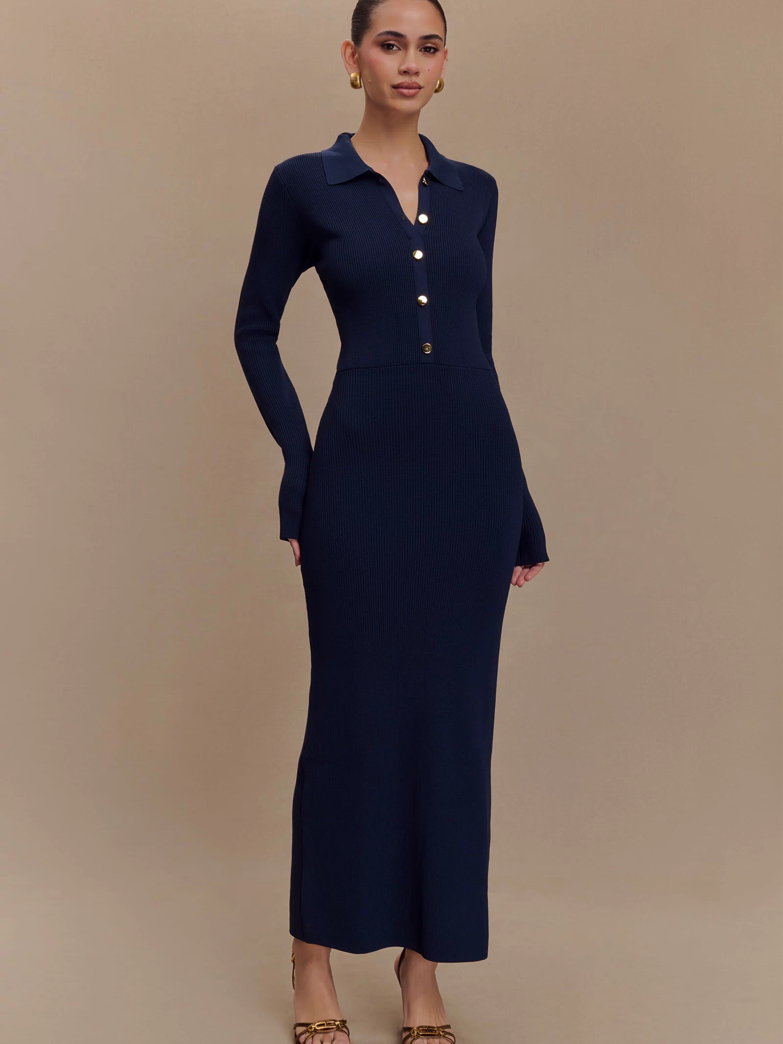 Abbey Buttoned Knit Midi Dress - Navy