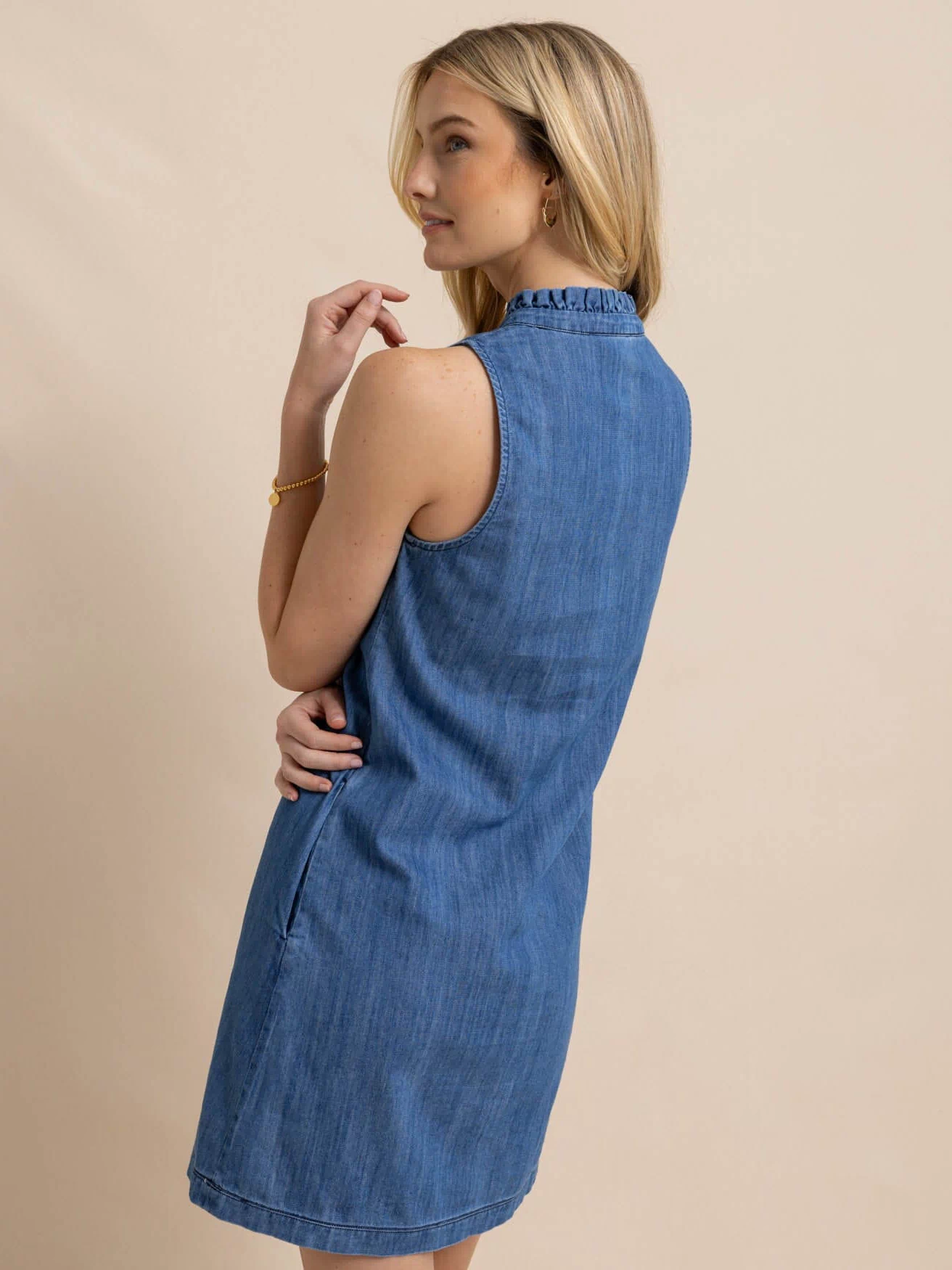 The back view of the Southern Tide Adelyn Denim Dress by Southern Tide - Medium Wash Indigo