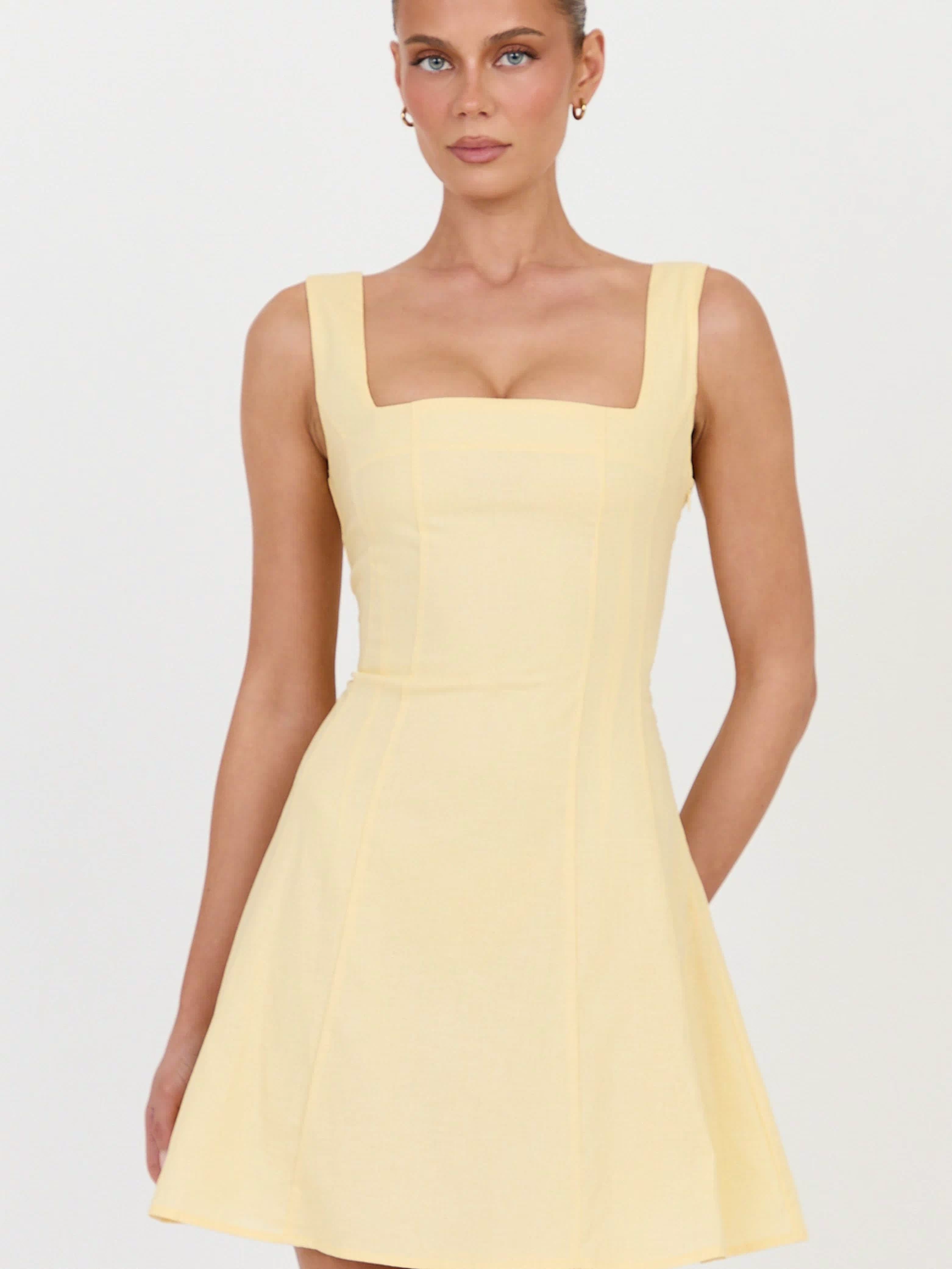 Adiana Mini Dress - Linen Square Neck Shirred Back A Line Dress in Lemon