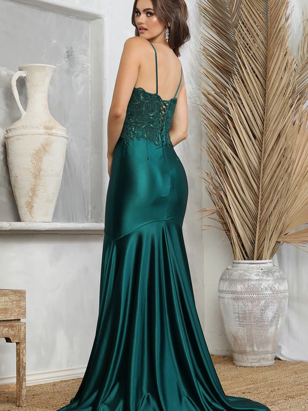 Prom Dresses Long High Slit Lace Formal Mermaid Prom Dress Emerald