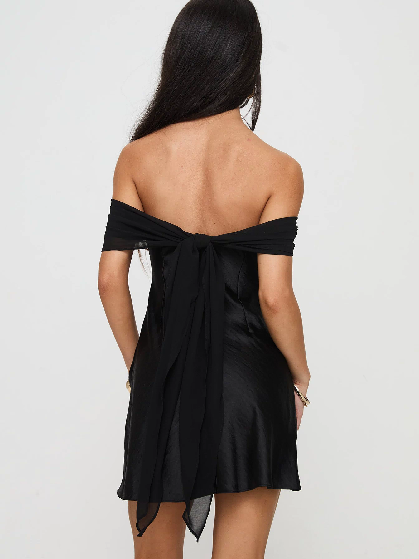 back view of model wearing Princess Polly Adoration Mini Dress Black Straight Neck 