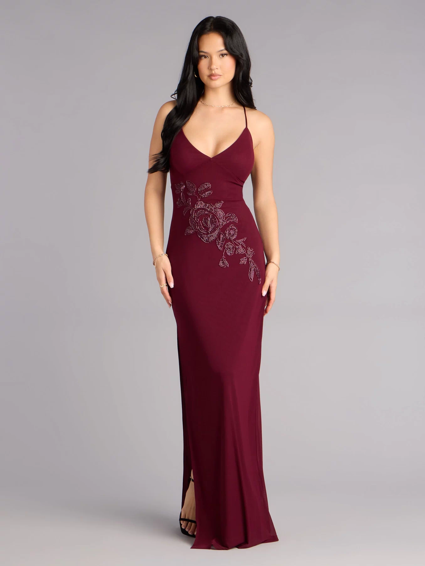 Adriane Beaded Floral Lace-Up Formal Dress