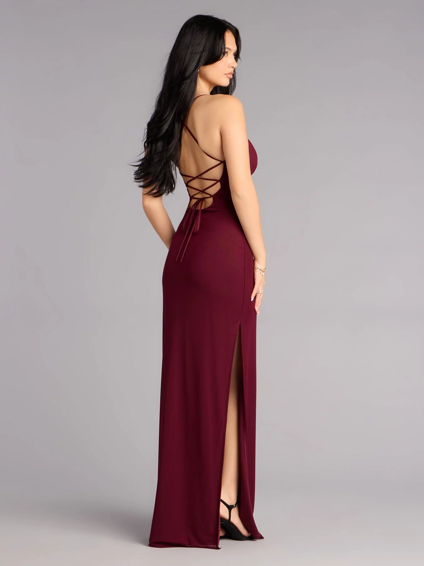 Own Prom 2026 in the Adriane Beaded Floral Lace-Up Formal Dress,  a wine prom dress designed with a flattering silhouette and elevated details that feel modern and true to your style.