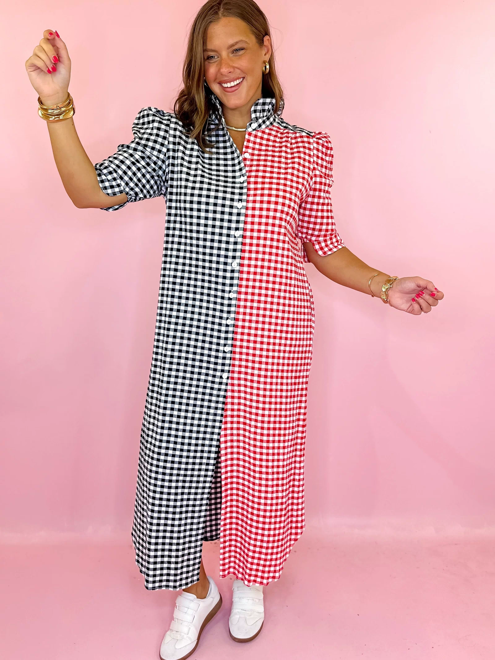 Adrienne: Nina Red and Black Multi Seersucker Gingham Midi Dress