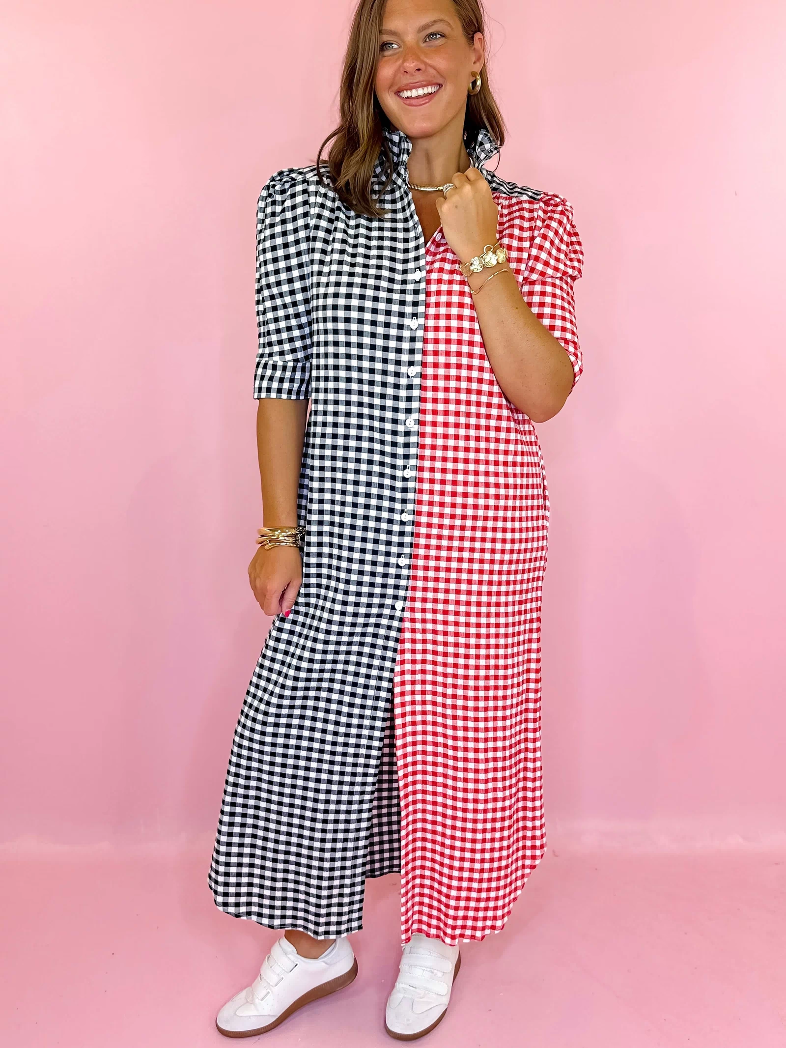 Adrienne: Nina Red and Black Multi Seersucker Gingham Midi Dress