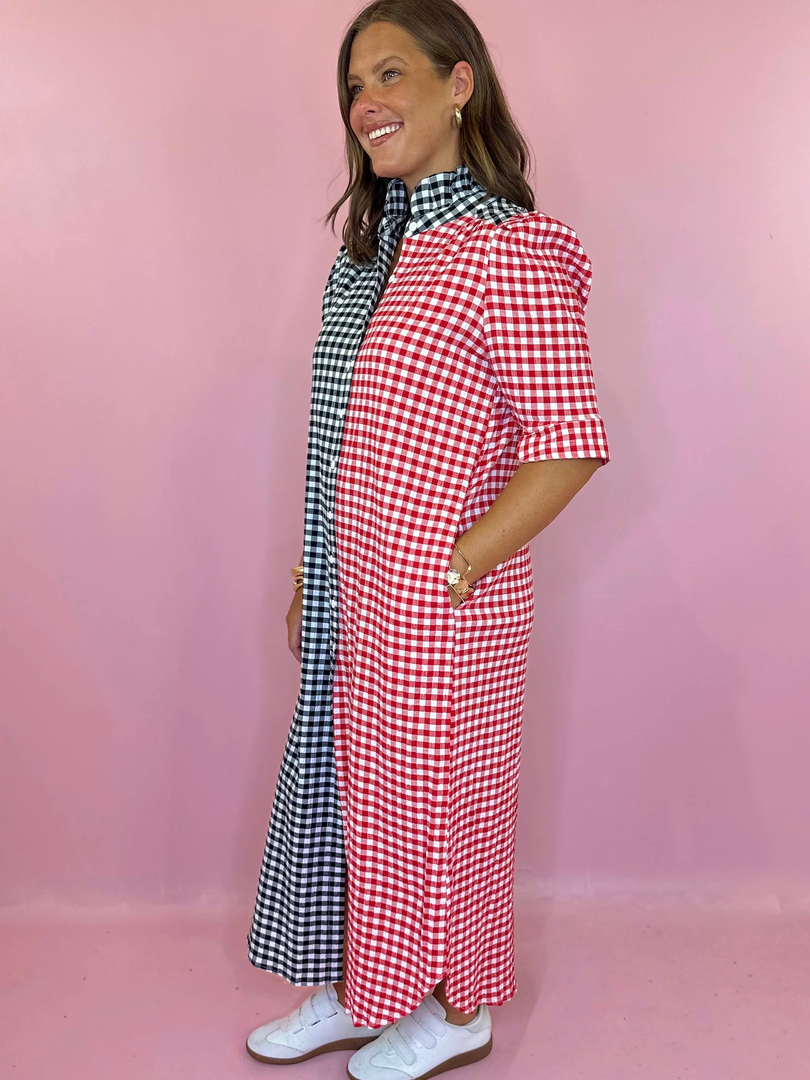 Adrienne: Nina Red and Black Multi Seersucker Gingham Midi Dress