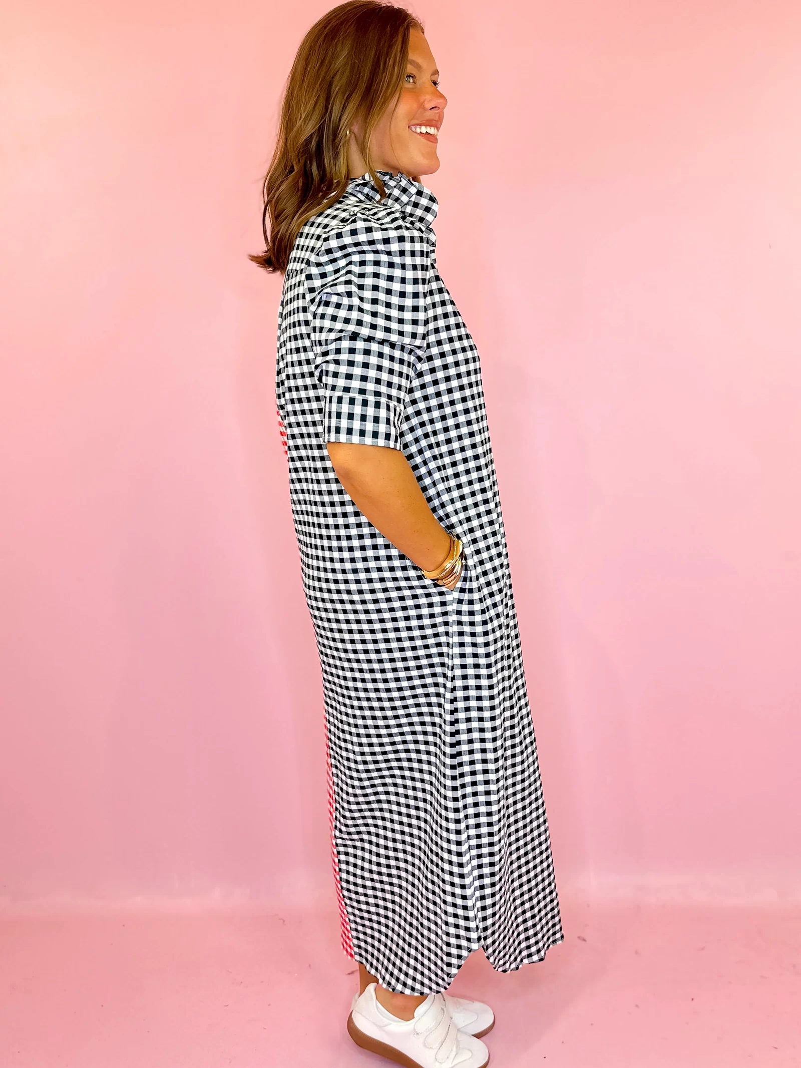 Adrienne: Nina Red and Black Multi Seersucker Gingham Midi Dress