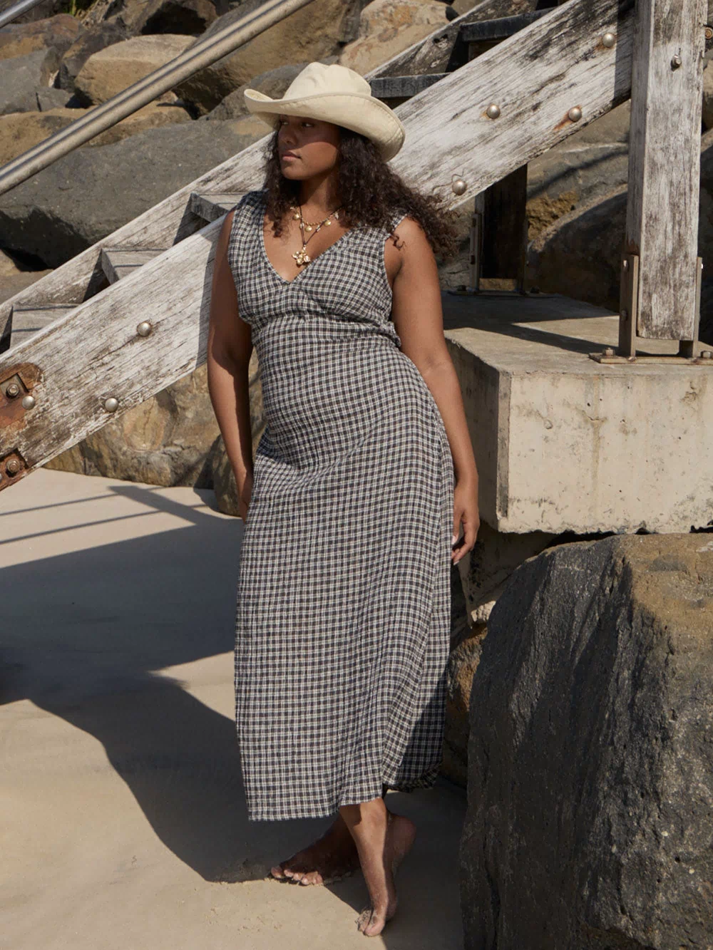 AFENDS Womens Tully - Seersucker Maxi Dress - Asta Steel Check