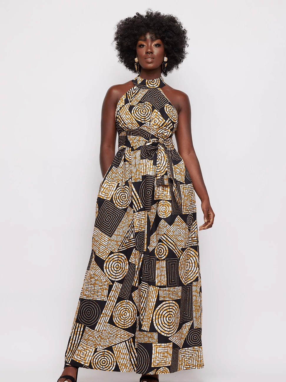 Ronke African Print Halter Maxi Dress (Black Brown Geometric)