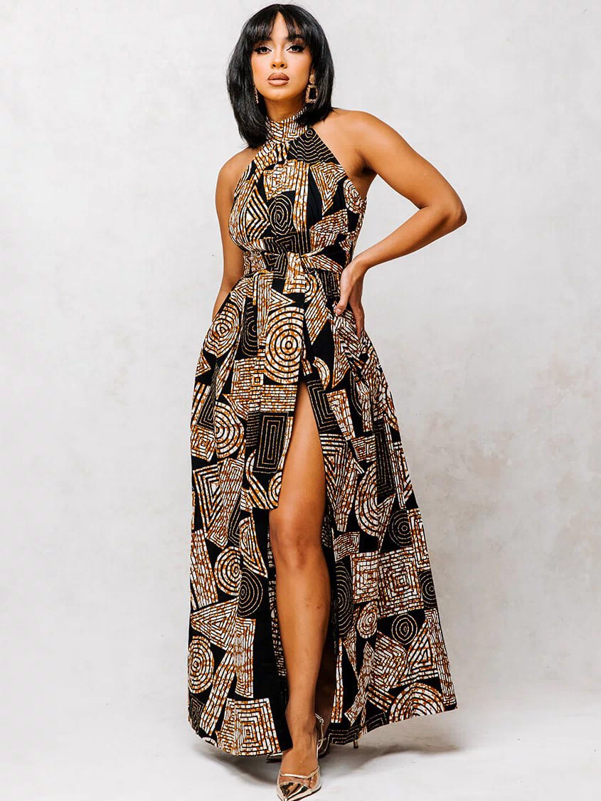 Ronke African Print Halter Maxi Dress (Black Brown Geometric) - D'IYANU