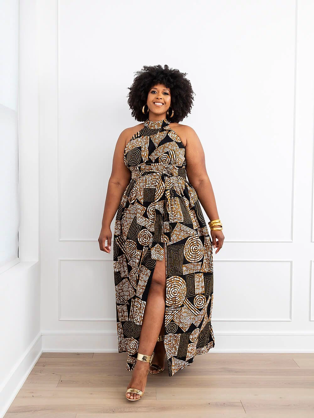 Ronke African Print Halter Maxi Dress (Black Brown Geometric) - D'IYANU
