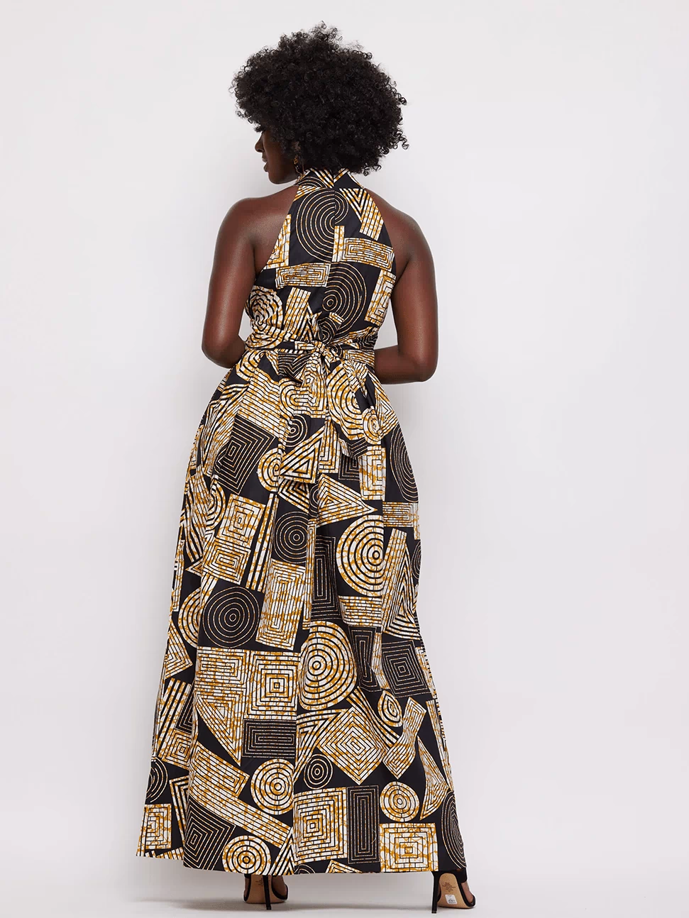Ronke African Print Halter Maxi Dress (Black Brown Geometric) - D'IYANU