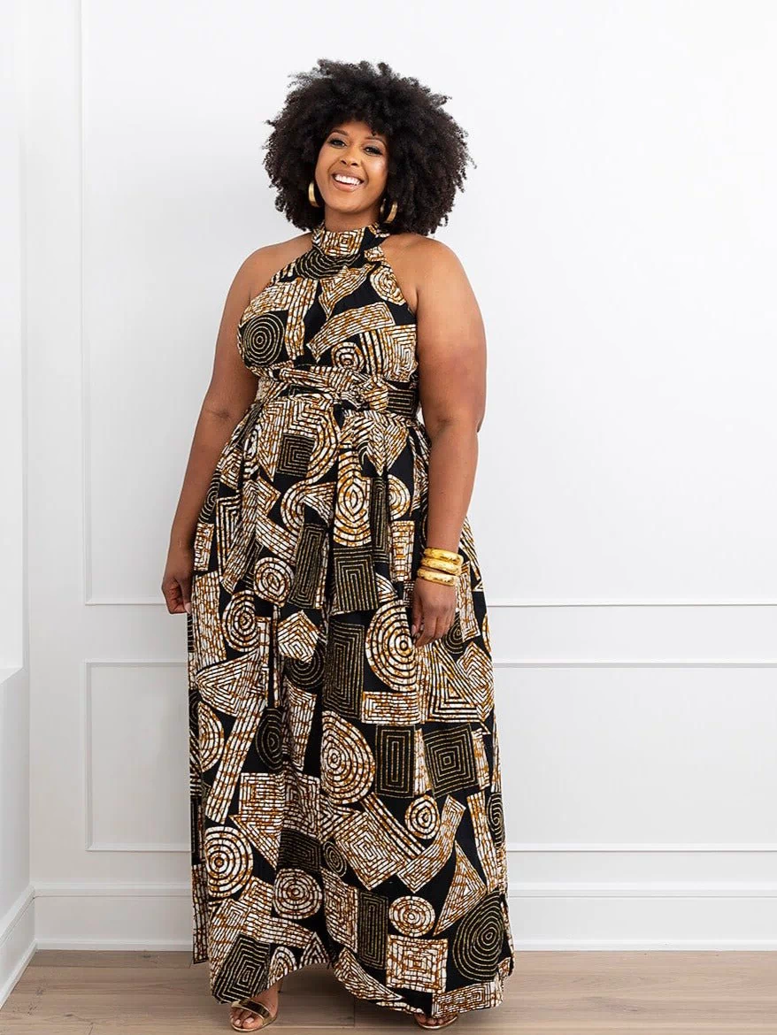 Ronke African Print Halter Maxi Dress (Black Brown Geometric) - D'IYANU