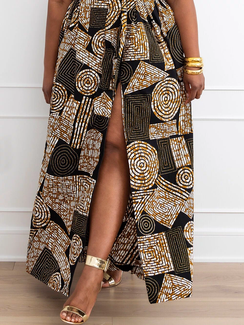 Ronke African Print Halter Maxi Dress (Black Brown Geometric) - D'IYANU