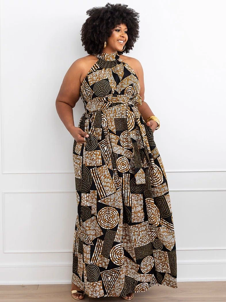 Ronke African Print Halter Maxi Dress (Black Brown Geometric) - D'IYANU