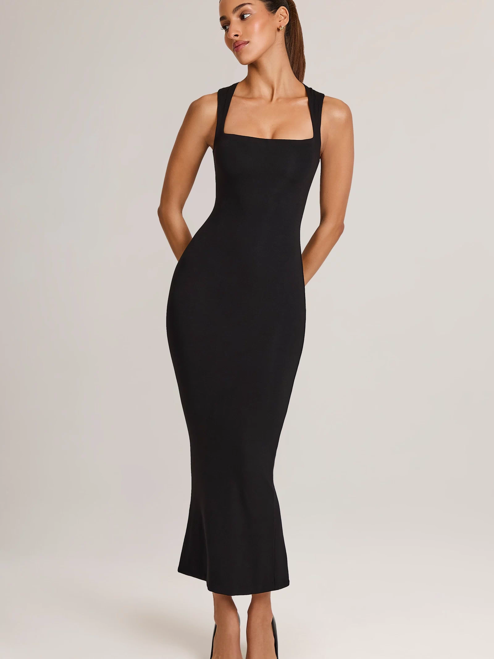 Modal Square-Neck Bodycon Midi Dress in Black