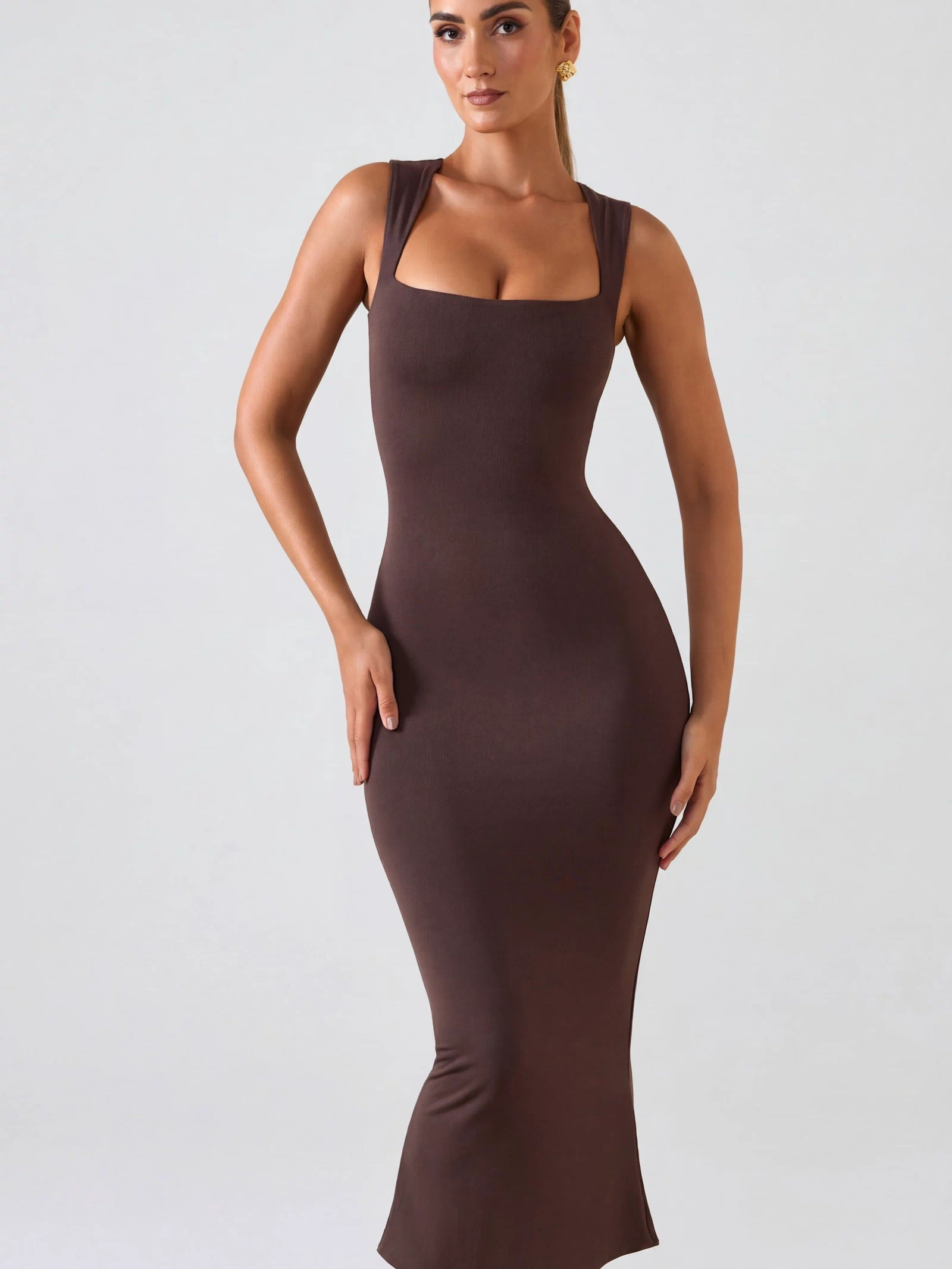 Square Neck Midi Dress in Chocolate Brown