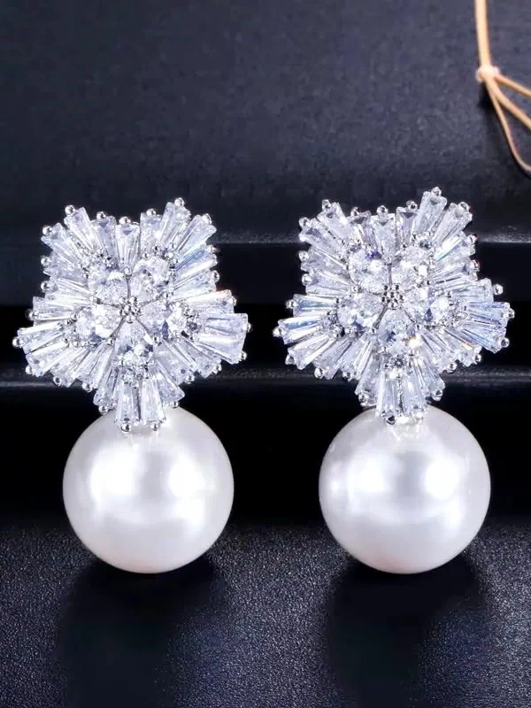 Alba - Pearl and CZ Snowflake Bridal Earrings More Colors - Silver, Gold & Rose Gold