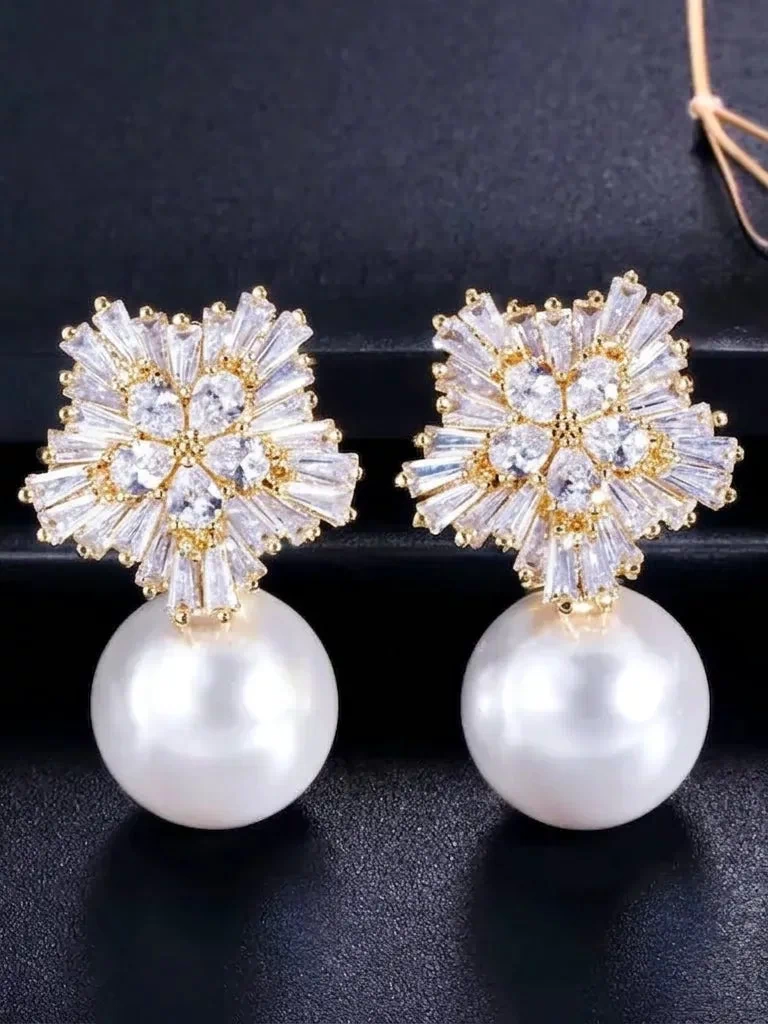 Wedding Jewelry - Pearl and Cubic Zirconia Snowflake Bridal Earrings - More Colors