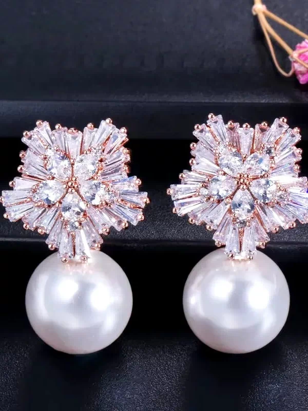 Wedding Jewelry - Pearl and Cubic Zirconia Snowflake Bridal Earrings - More Colors