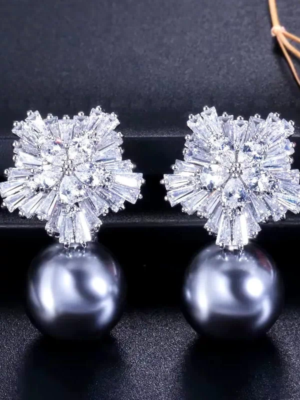 Wedding Jewelry - Pearl and Cubic Zirconia Snowflake Bridal Earrings - More Colors