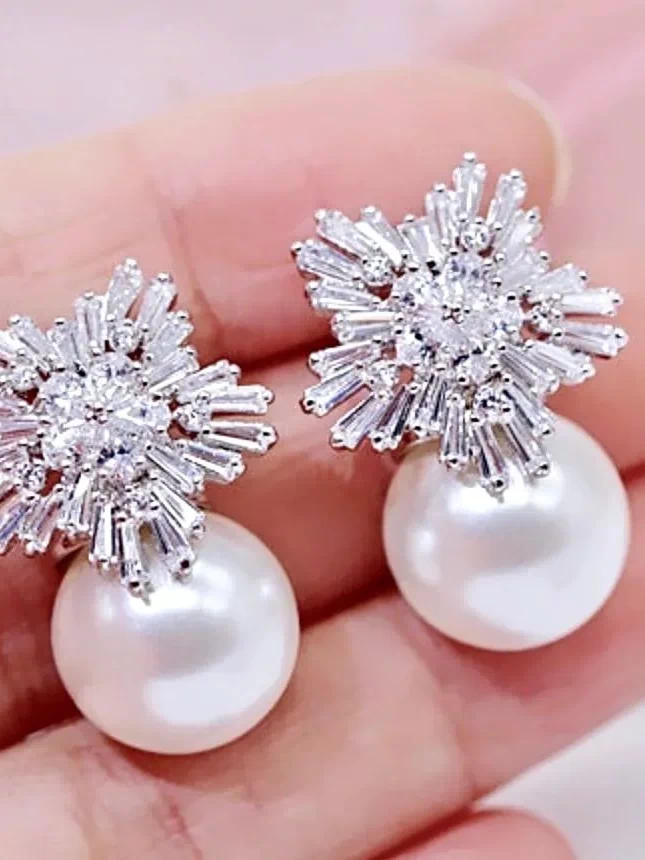 Wedding Jewelry - Pearl and Cubic Zirconia Snowflake Bridal Earrings