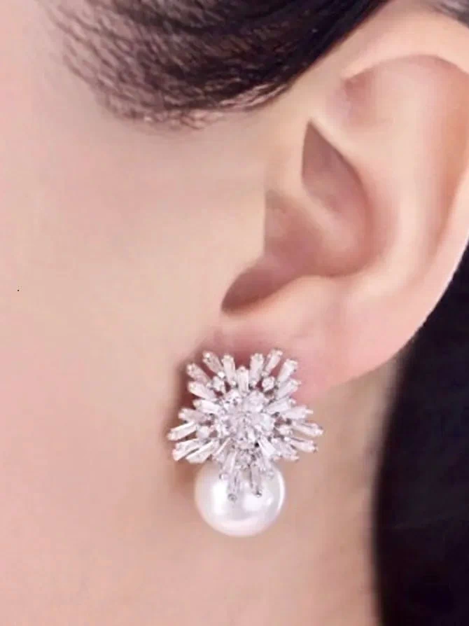 Wedding Jewelry - Pearl and Cubic Zirconia Snowflake Bridal Earrings - More Colors