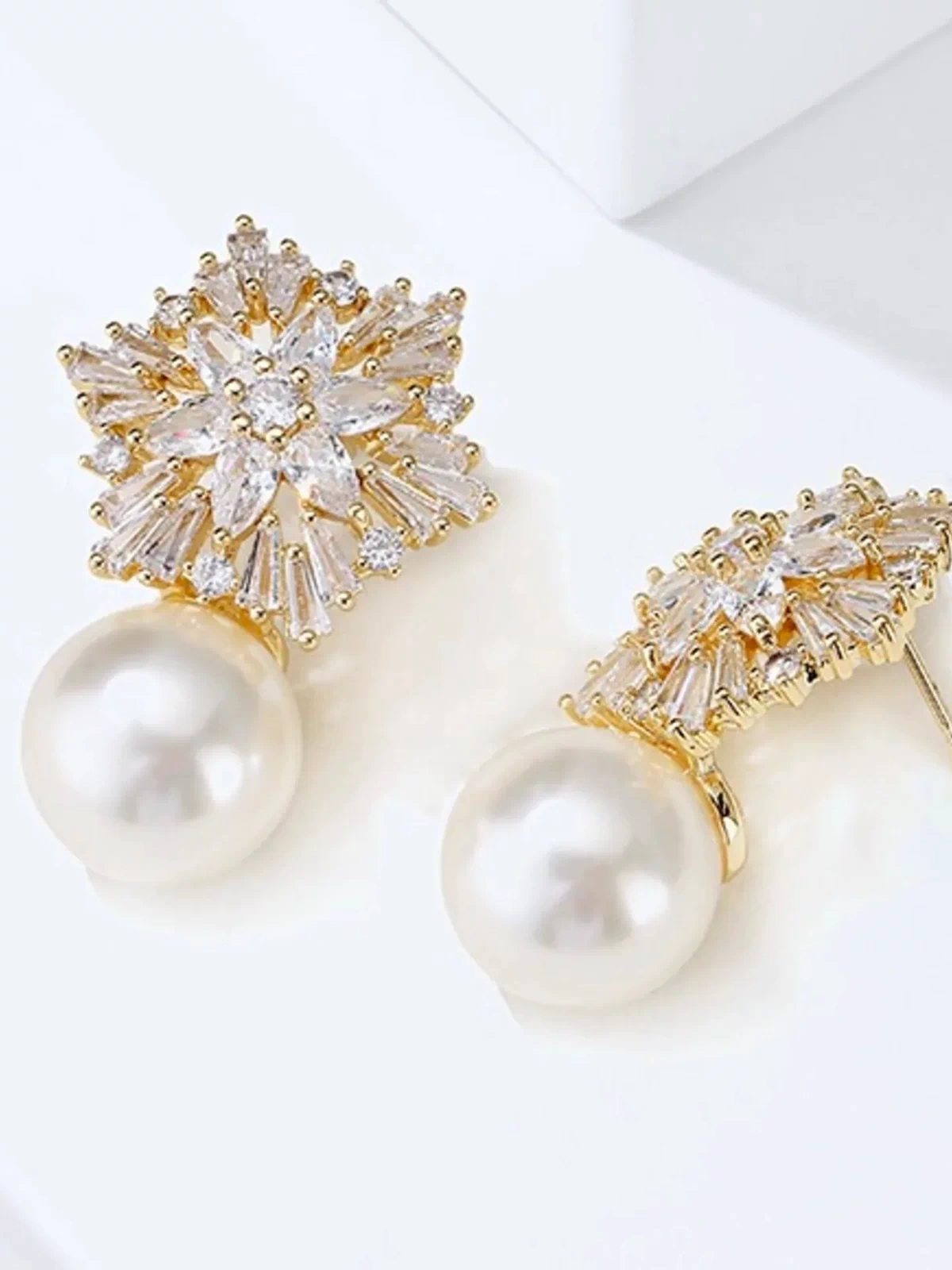Wedding Jewelry - Pearl and Cubic Zirconia Snowflake Bridal Earrings - More Colors