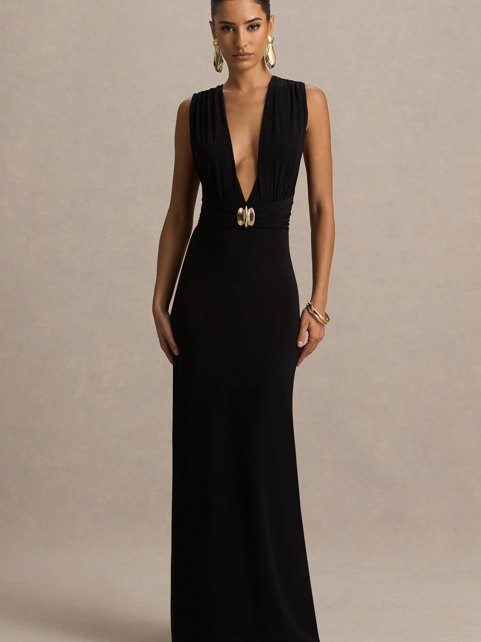Alena | Black Extreme-Plunge Neck Maxi Dress With Gold Detail