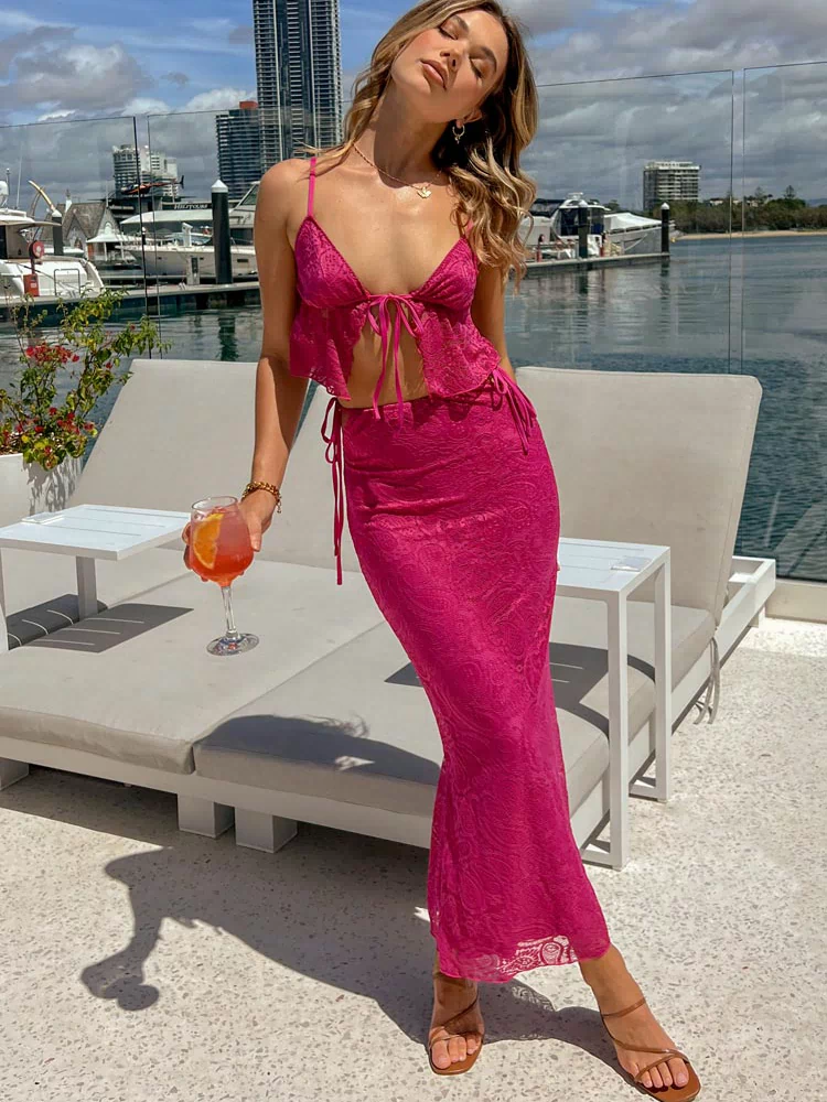 Alexia Fuschia Lace Tie Up Maxi Skirt