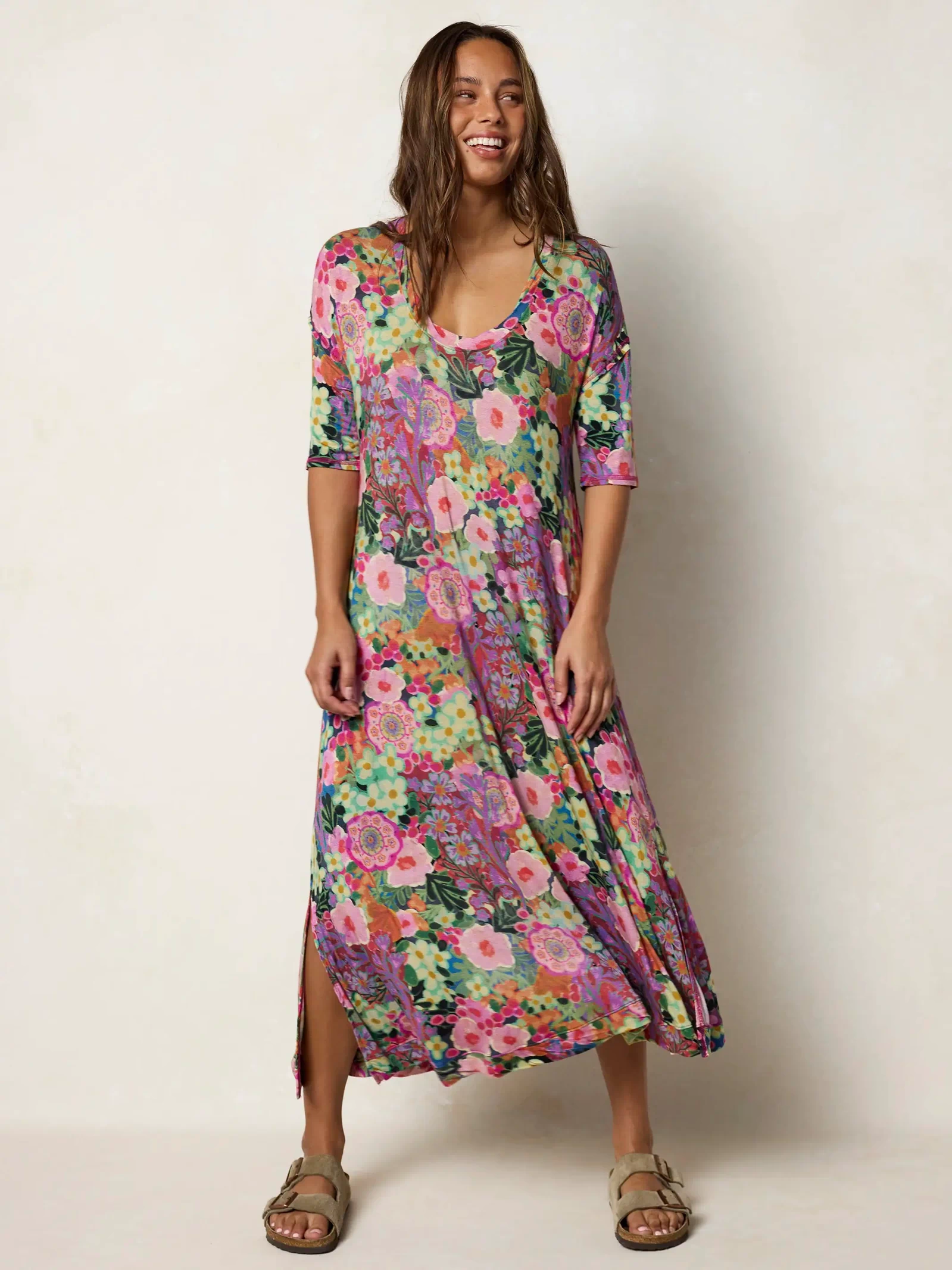 All Day "ButterSoft" Tee Dress - Pink Painted Garden