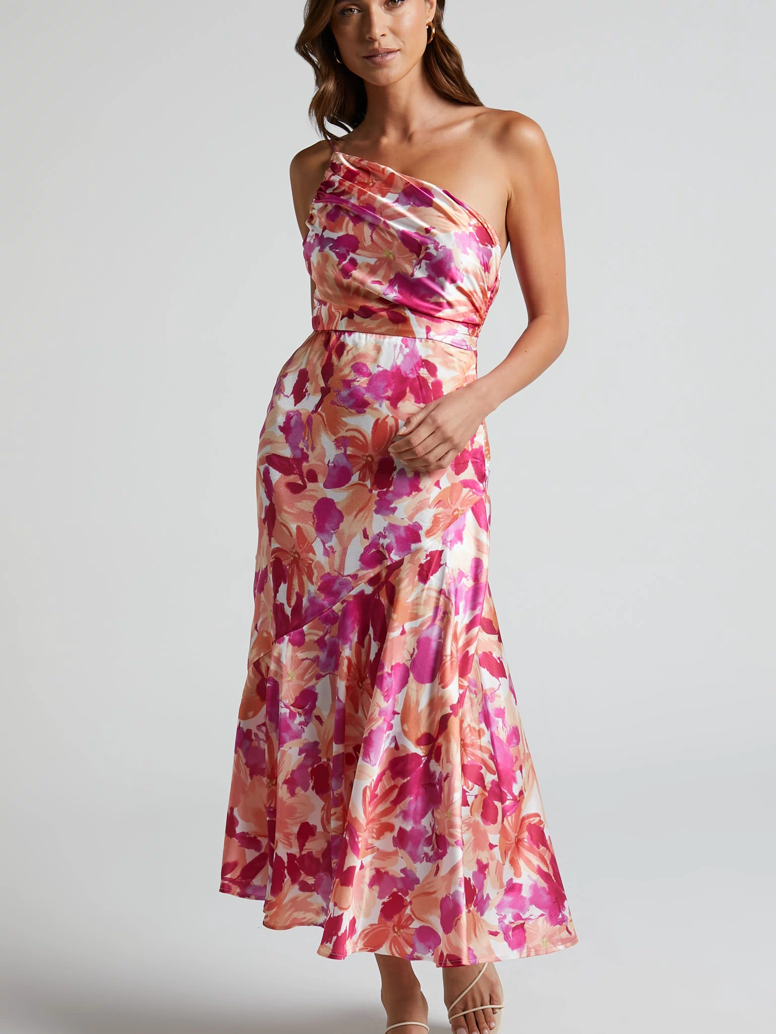 Alyssia Midi Dress - One Shoulder Ruched Satin Dress in Pink Floral