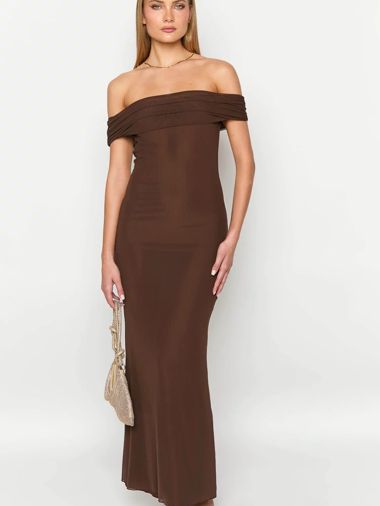 Front view of a brown ribbed knit maxi dress with an off-shoulder neckline and ruched bust detail