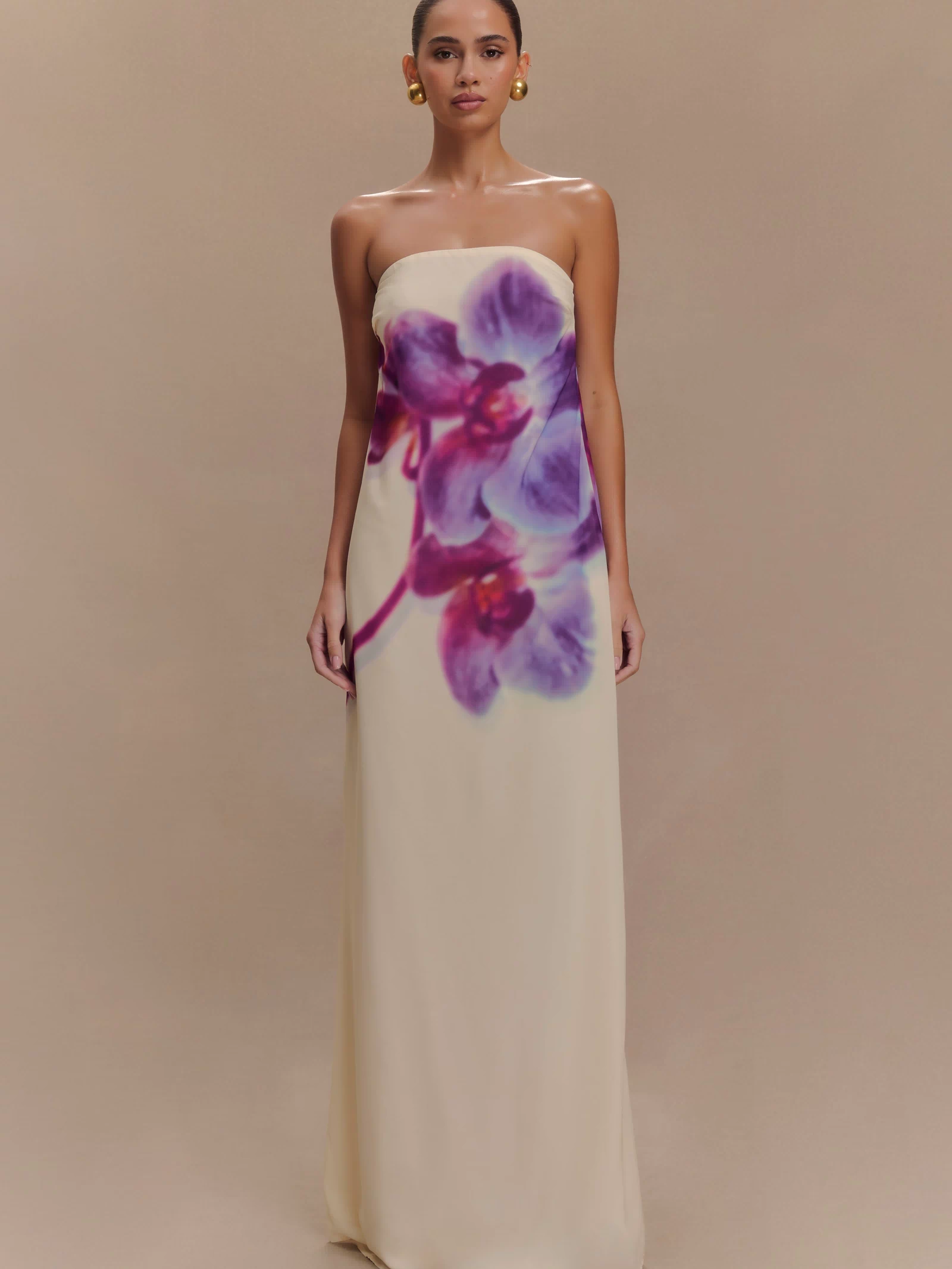 Amaya Strapless Chiffon Maxi Dress - Ivory Koi Orchid Print