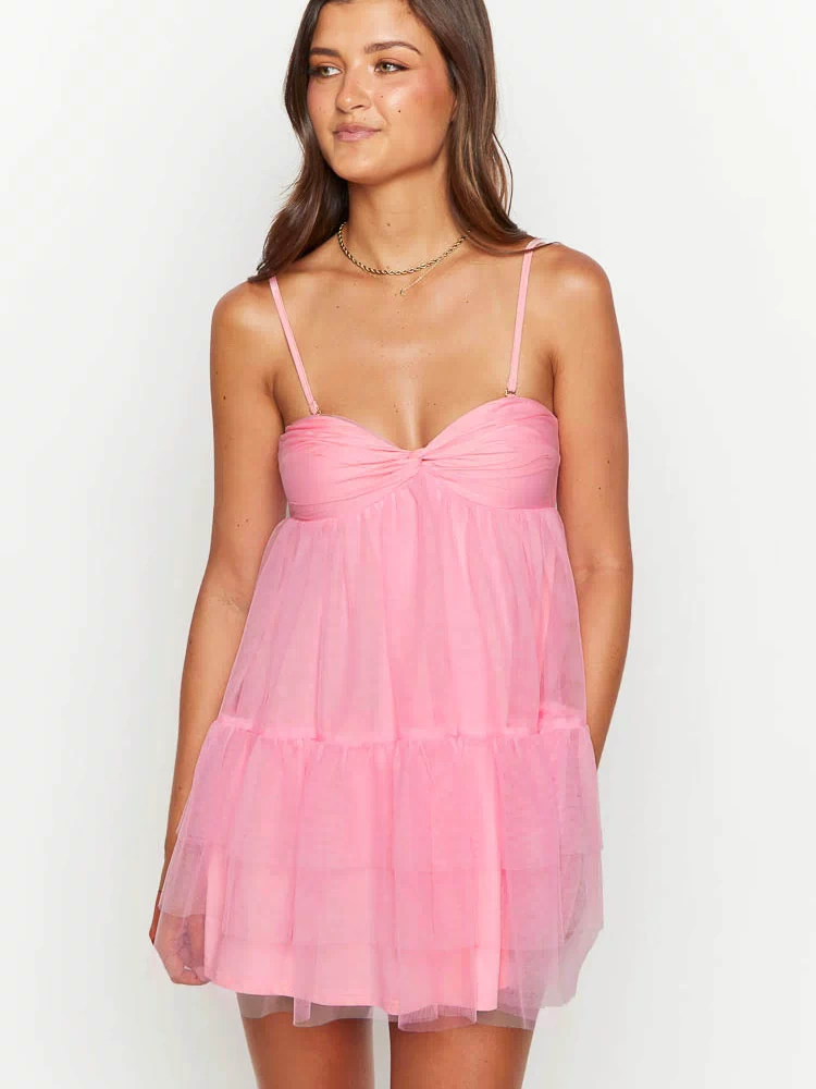 Pink mini dress with a twisted sweetheart bust, thin spaghetti straps, and tiered tulle skirt