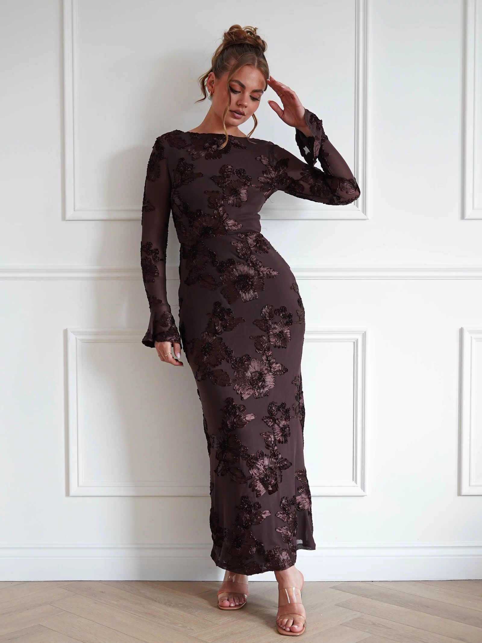 Amelita Long Sleeve Textured Maxi Dress | Brown