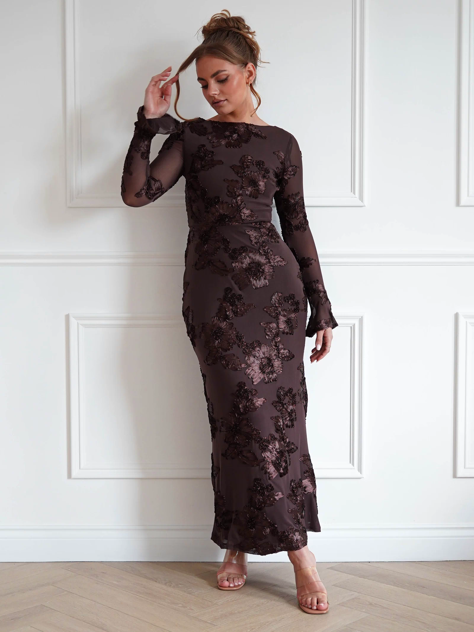 Amelita Long Sleeve Textured Maxi Dress | Brown-Oh Hello Clothing