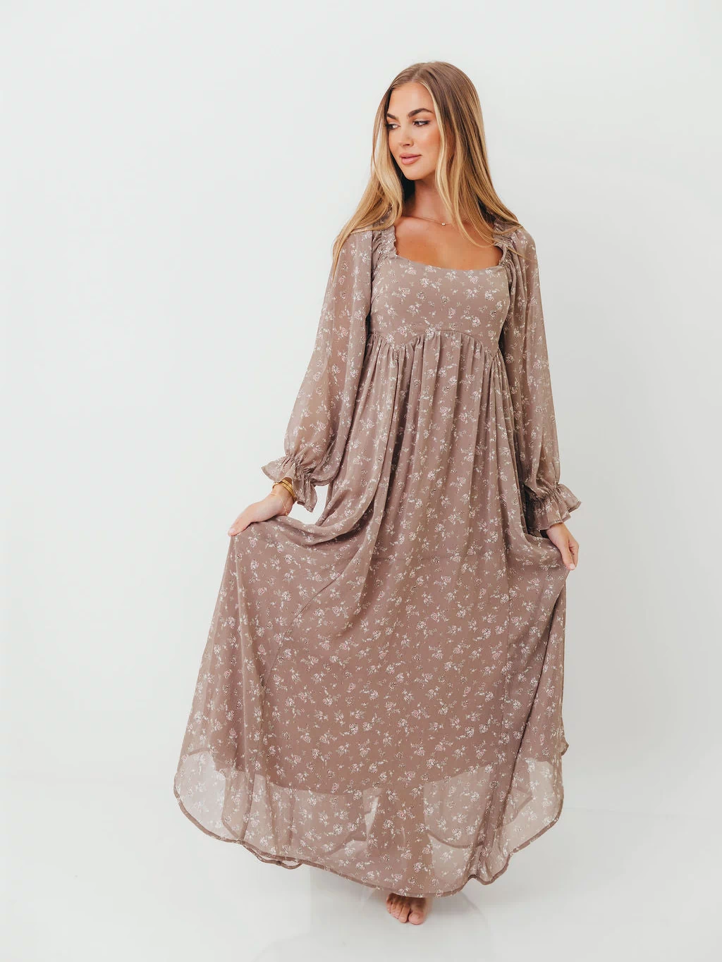 Amy Floral Long Sleeve Maxi Dress in Mocha Multi - Bump Friendly