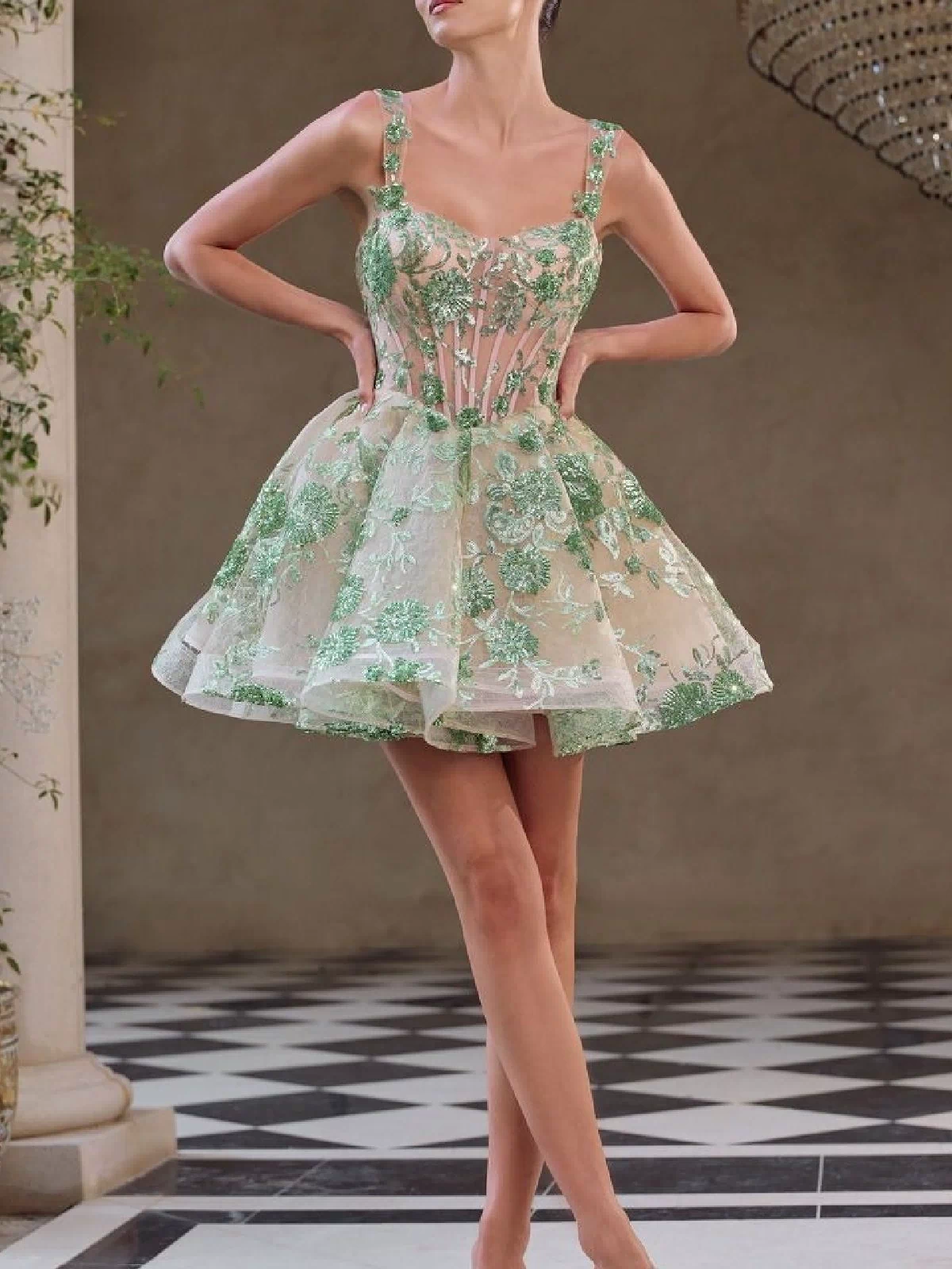 Short Sequin-Print Babydoll Hoco Dress A1347