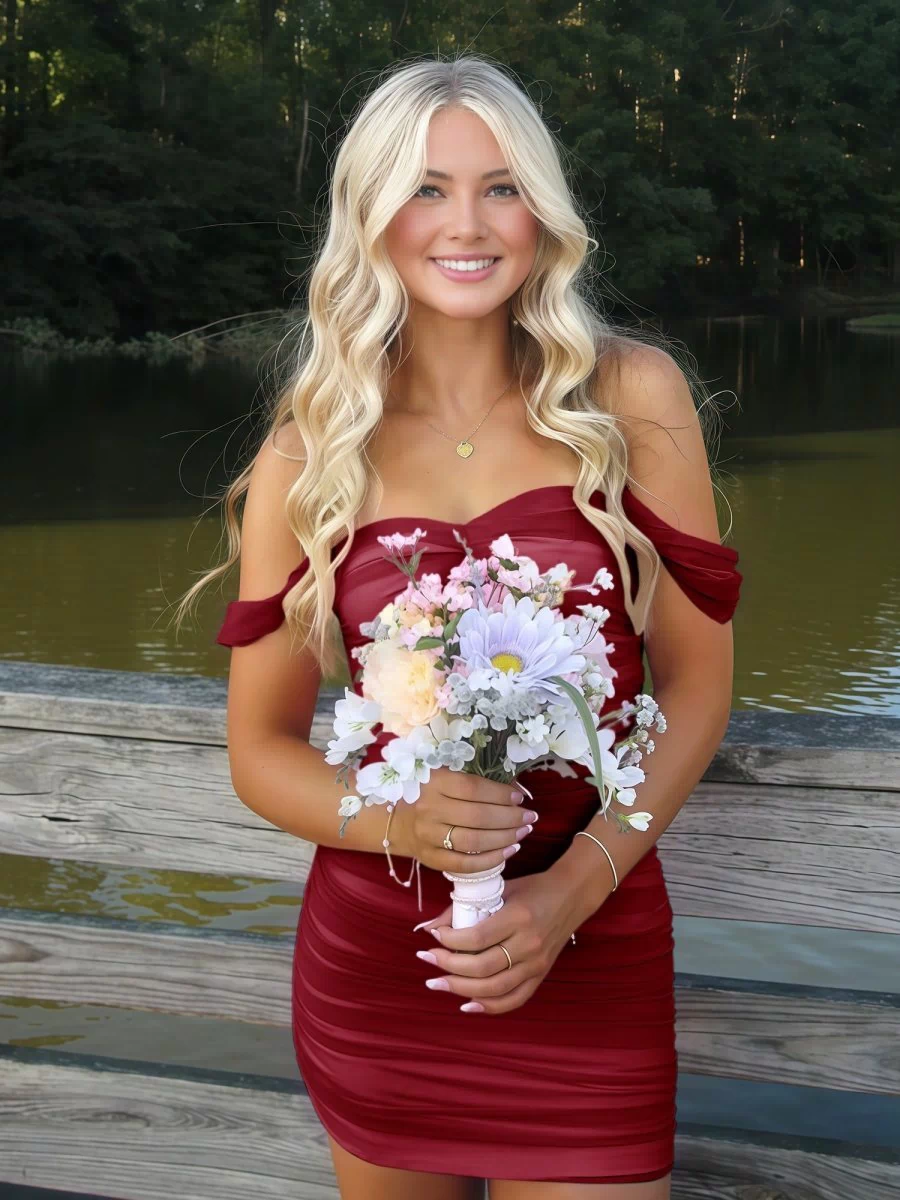 Burgundy Off The Shoulder Tulle Short Homecoming & Cocktail Dresses  - KISSPROM