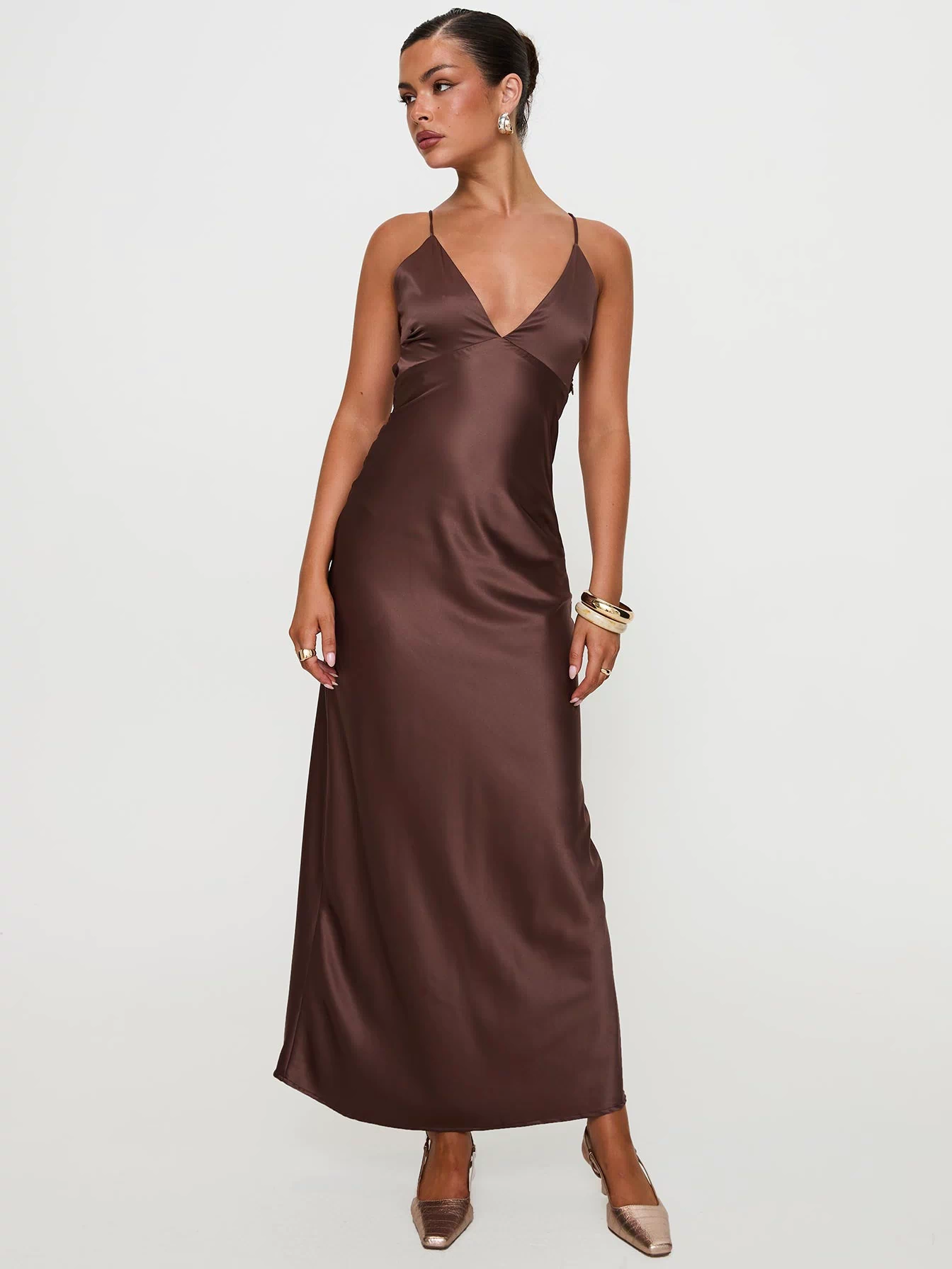 side view of model wearing Princess Polly Angels Only Maxi Dress Chocolate Plunger 
